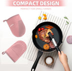 Mini Oven Mitts, Kitchen Oven Gloves Kitchen Mittens 500 Degrees Heat Resistant Baking Gloves, Non-Slip Silicone Surface with Hanging Loops Hot Gloves for Cooking, Baking, BBQ 1 Pair-Pink