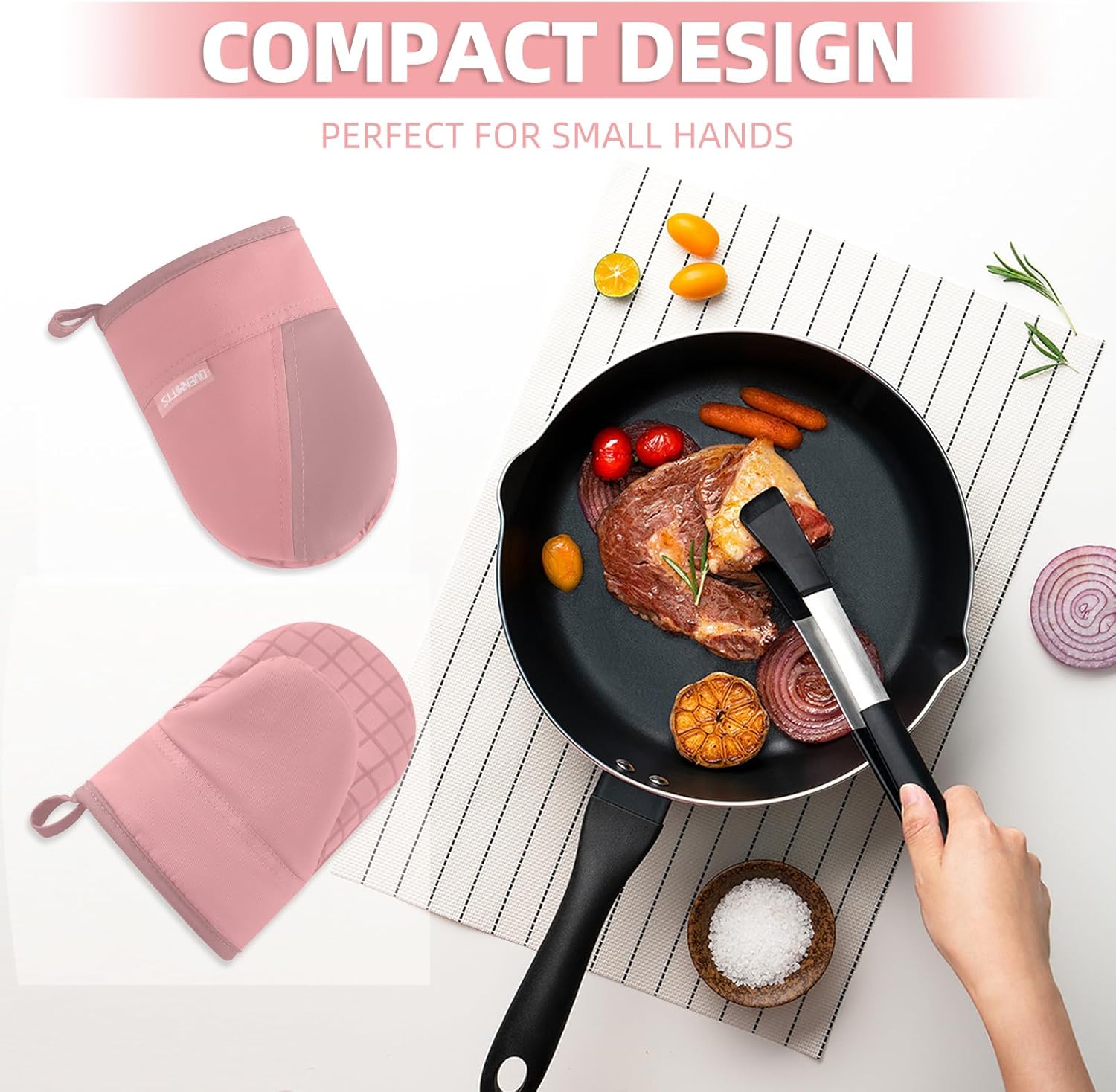 Mini Oven Mitts, Kitchen Oven Gloves Kitchen Mittens 500 Degrees Heat Resistant Baking Gloves, Non-Slip Silicone Surface with Hanging Loops Hot Gloves for Cooking, Baking, BBQ 1 Pair-Pink