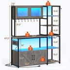 Itaar Bakers Rack with Power Outlet and LED Light, 45.3 Inch Farmhouse Coffee Bar Cabinet, Kitchen Microwave Stand with Storage, Glass Cabinet, Goblet Holder and 8 Hooks (Grey)