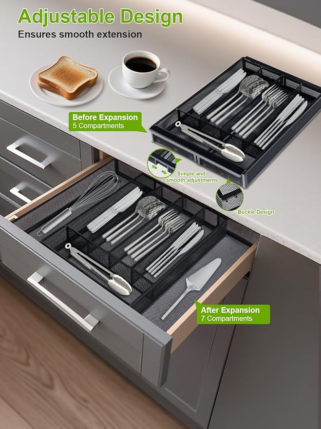 Silverware Organizer Metal Mesh, Drawer Organizer, Utensil Cutlery Tray for kitchen drawers,Expandable Flatware Organizer with 7 Compartment Black 9.4"~17.3" x 13.7"