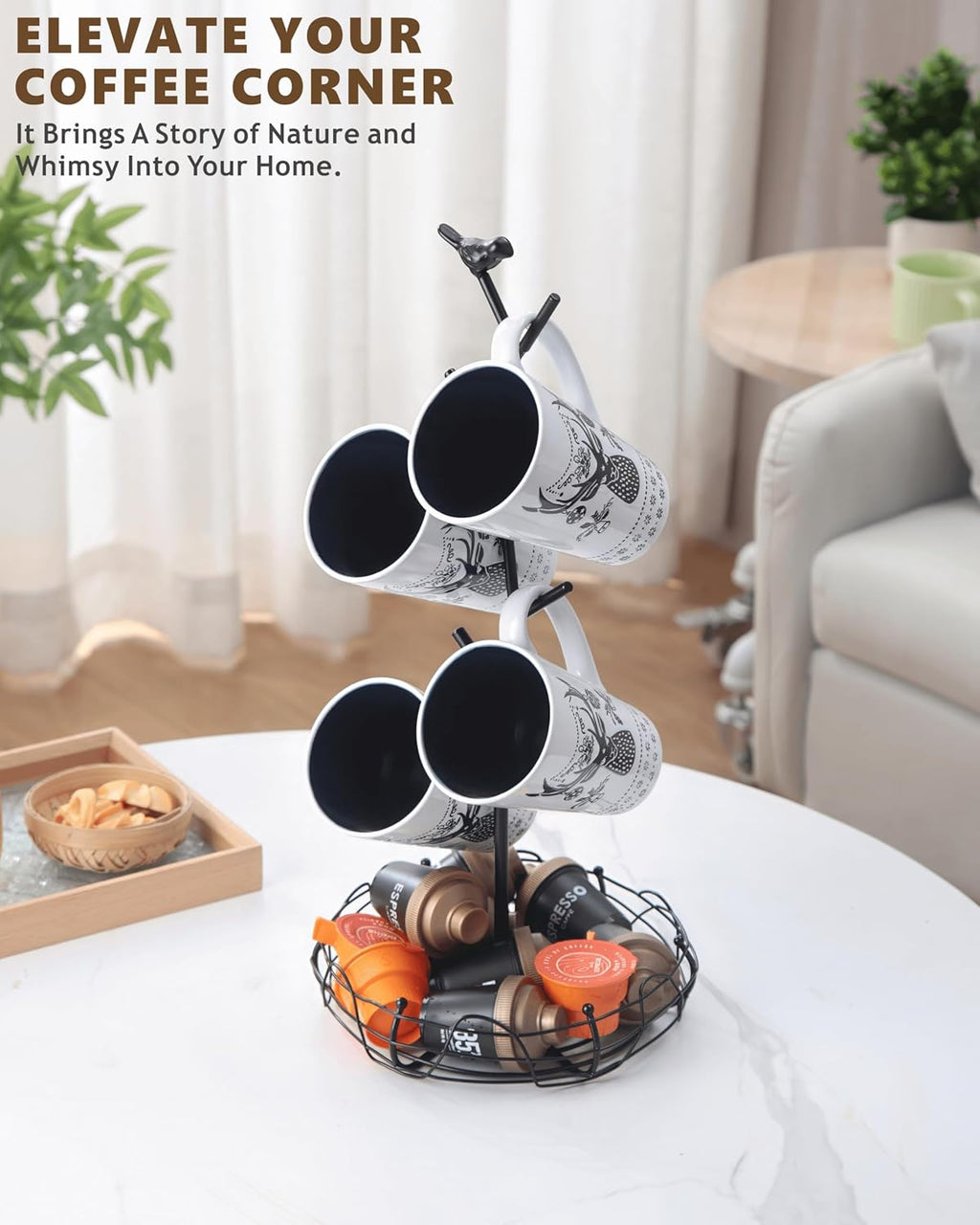 Coffee Mug Holder for Countertop, Mug Tree with Bird's Nest Storage Basket, Holds 4 Large Mugs (20oz Compatible), Whimsical Kitchen Decor, Coffee Bar Accessories (Black)