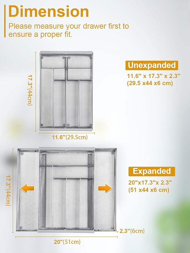 Silverware Organizer Metal Mesh, Large Drawer Organizer, Utensil Cutlery Tray for kitchen drawers, Expandable Flatware Organizer with 8 Compartment Silver 11.6"~20" x 17.3"