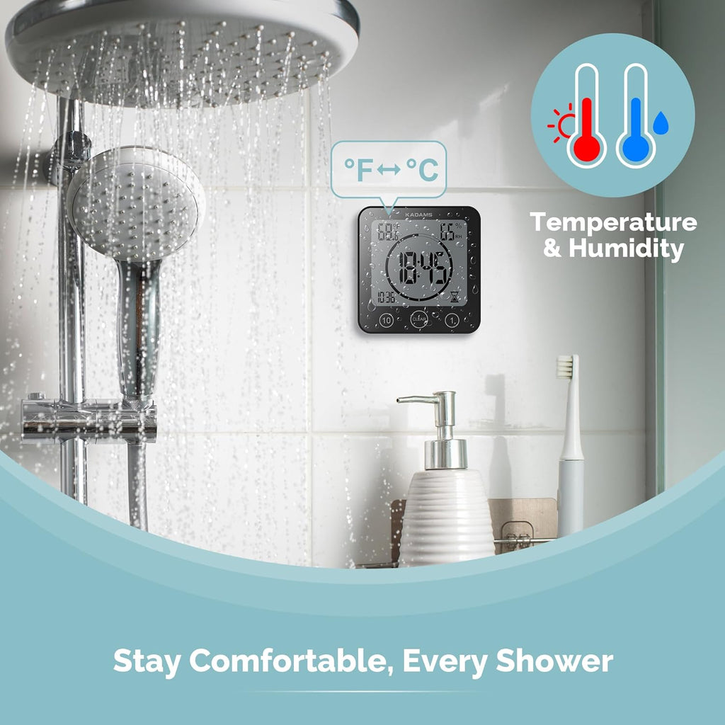 KADAMS Shower Clock Waterproof Bathroom Timer – Digital Wall Clock with Countdown, Magnetic Kitchen Clock with Temperature & Humidity, Suction Cup for Kids Shower Spa Sauna Cook Bath (Black)