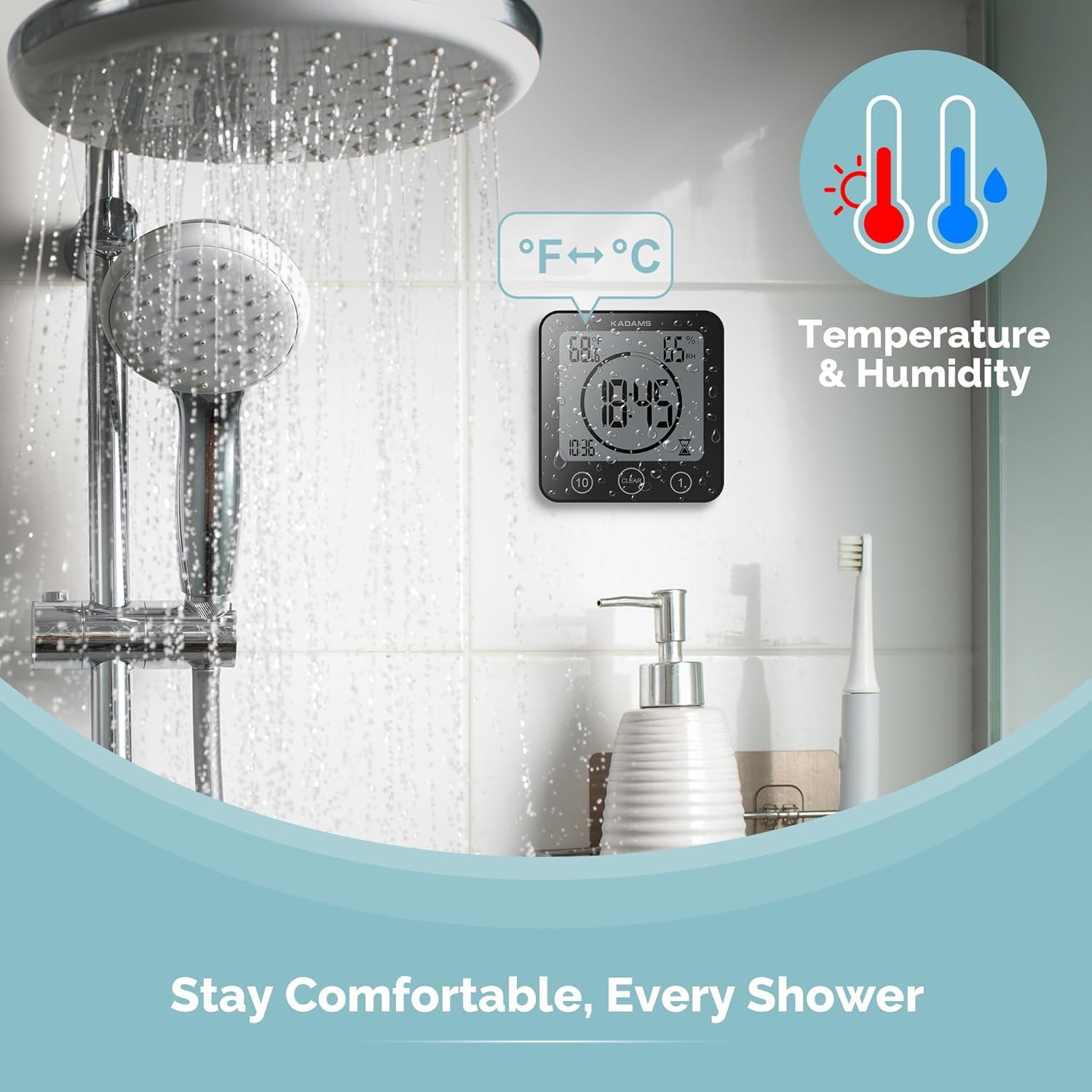 KADAMS Shower Clock Waterproof Bathroom Timer – Digital Wall Clock with Countdown, Magnetic Kitchen Clock with Temperature & Humidity, Suction Cup for Kids Shower Spa Sauna Cook Bath (Black)