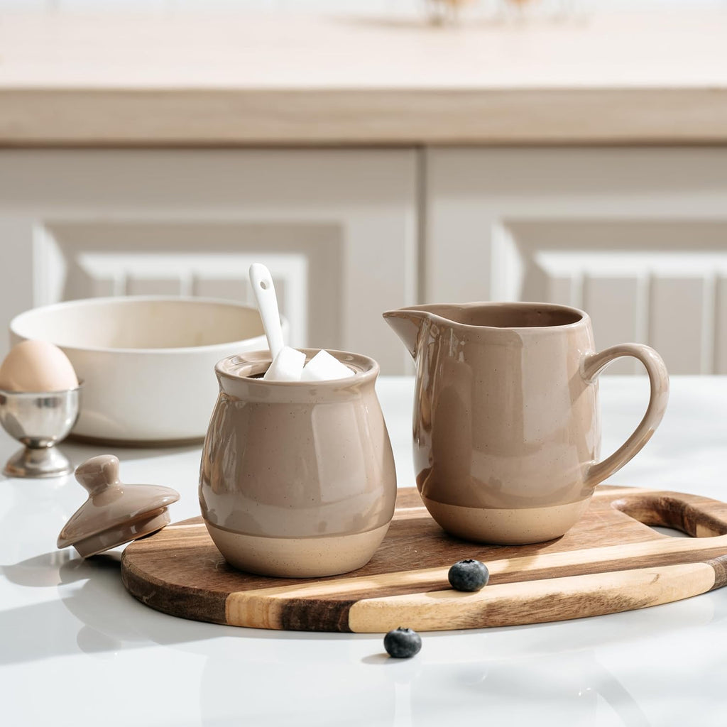 famiware Milkyway Ceramic Sugar and Creamer Set, 10oz Sugar Bowl & 13oz Creamer Set – Stoneware Milk Pitcher & Sugar Dispenser for Coffee Bar, Kitchen, Countertop, Coffee Serving Set, Cinnamon Brown