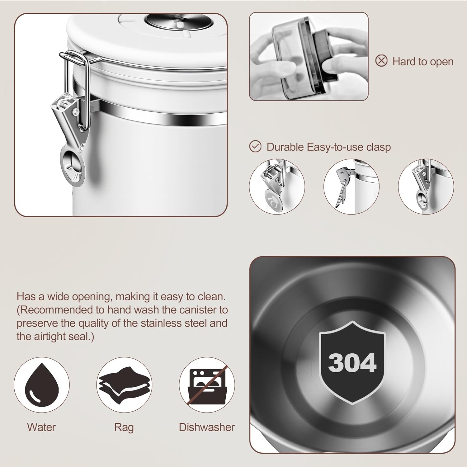 ShanSon Coffee Canister Airtight Stainless Steel Container,Home Kitchen Food Storage Organizers for Beans,Tea,Sugar,cookie,Flour,Cereal,16OZ+22OZ,White