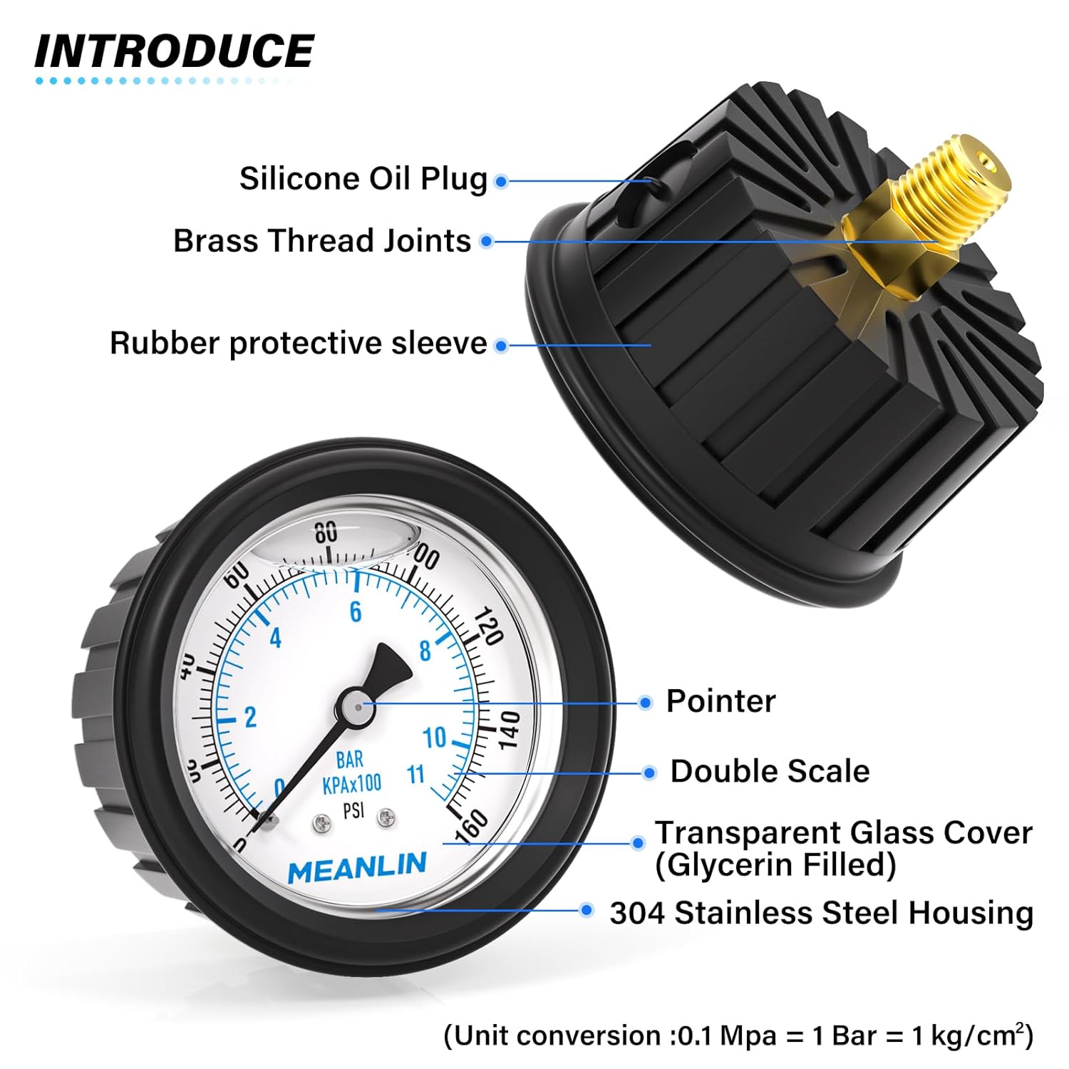 MEANLIN MEASURE 0~160Psi Stainless Steel Liquid Filled Pressure Gauge 1/4" NPT 2.5" FACE DIAL with Rubber Protective Sleeve, Center Back Mount