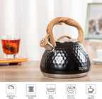 Tea Kettle, Toptier Teapot Whistling Kettle with Wood Pattern Handle Loud Whistle, Food Grade Stainless Steel Tea Pot for Stovetops Induction Diamond Design Water Kettle, 2.7-Quart Black