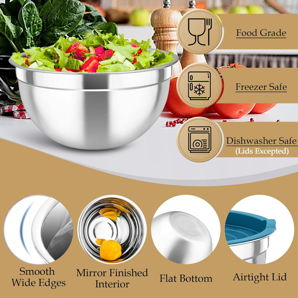 TeamFar Mixing Bowls with Lids Set, 6PCS Stainless Steel Metal Nesting Salad Bowl with 3 Grater Attachments, for Food Baking/Mixing/Serving/Storing, Dark Blue- 4.6/2.6/2 / 1.5/1 / 0.7 QT