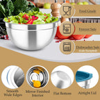 TeamFar Mixing Bowls with Lids Set, 6PCS Stainless Steel Metal Nesting Salad Bowl with 3 Grater Attachments, for Food Baking/Mixing/Serving/Storing, Dark Blue- 4.6/2.6/2 / 1.5/1 / 0.7 QT