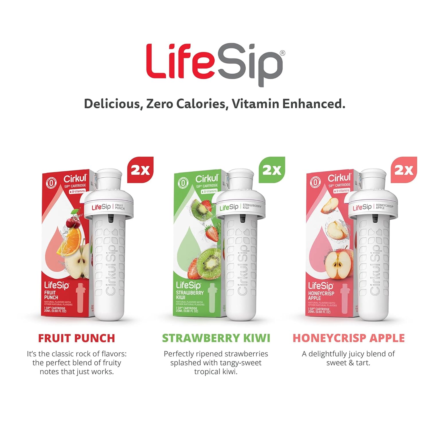 Cirkul LifeSip Flavor Cartridge Variety Pack with B Vitamins, 6-Pack (Fruit Punch, 2 Strawberry Kiwi, 2 Honeycrisp Apple), No Sugar, Zero Calorie Drink Mix