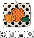 Autumn Pumpkin Dish Drying Mat for Kitchen Counter,Black Round Dot Decoration Drying Mat 16 x 18 Inch with Absorbent Reversible Microfiber Dish Drying Pad Dish Rack Drainer Mat for Coffee Bar