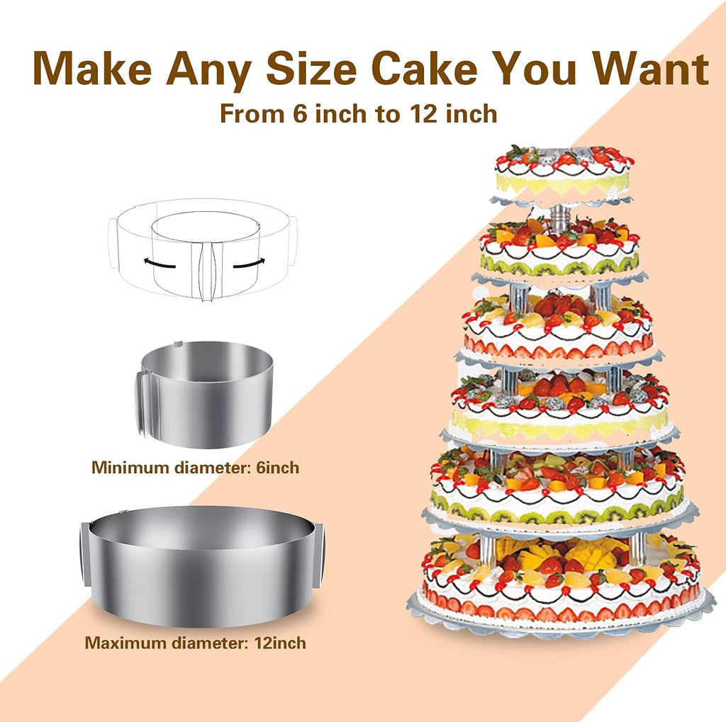 iNeibo Cake Ring, 6 to 12 Inch Adjustable Cake Mousse Mould Set, Stainless Steel Pastry Ring, Mousse Ring, Ring Mold for Baking (1 Cake Ring)