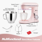 Kitchen in the box 7QT 900W 10-Speed Stand Mixer, Tilt-Head Kitchen Electric Mixer with Dough Hook, Whisk & Flat Beater(Rose pink)