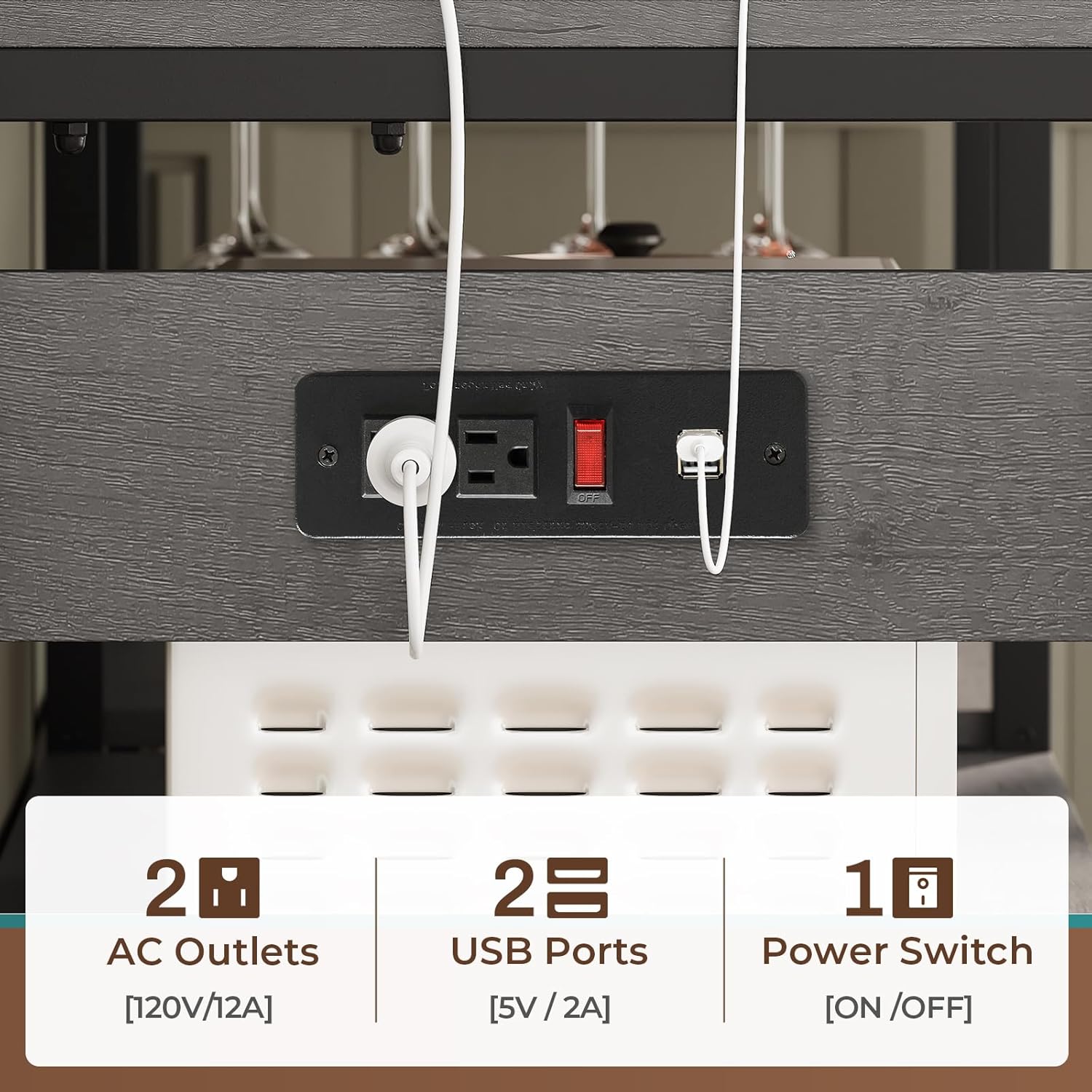 Itaar Bakers Rack with Power Outlet and LED Light, 45.3 Inch Farmhouse Coffee Bar Cabinet, Kitchen Microwave Stand with Storage, Glass Cabinet, Goblet Holder and 8 Hooks (Grey)