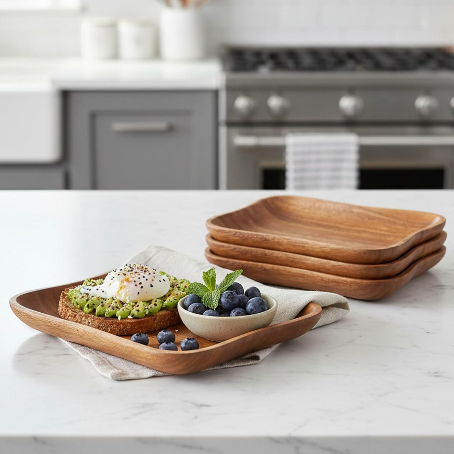 Woodard & Charles Set of 4 Acacia Wood Pinched Tray for Charcuterie, Sushi, Dessert, Fruit and More, 7.5" x 5.25"