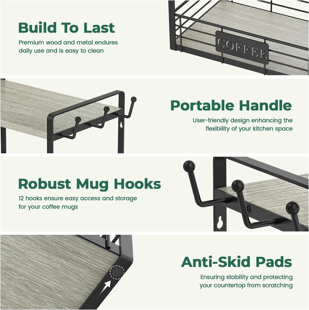 EsLuker.ly Coffee Mug Cup Holder Stand Bar Station Organizer for Countertop, Multi-Functional 2 Tier Mug Tree Rack for Kitchen, Storage Shelf with 12 Hooks, Light Grey-Black(Patented Design)