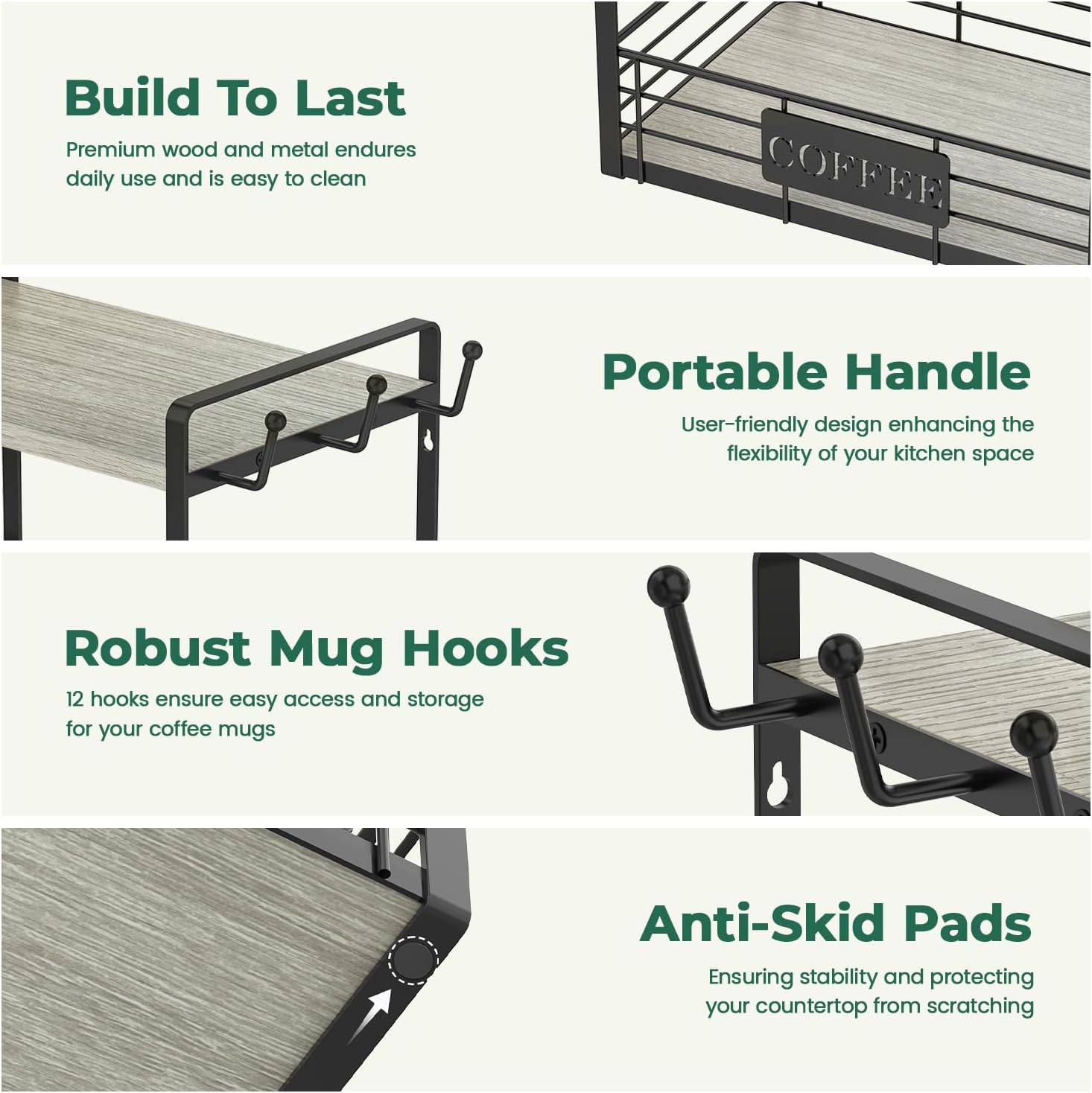 EsLuker.ly Coffee Mug Cup Holder Stand Bar Station Organizer for Countertop, Multi-Functional 2 Tier Mug Tree Rack for Kitchen, Storage Shelf with 12 Hooks, Light Grey-Black(Patented Design)