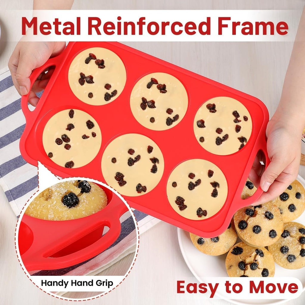 Jumbo Muffin Pan, 3.5 Inch Large Muffin Pan with Metal Reinforced Frame 6 Cup Silicone Jumbo Cupcake Pans for Baking Easy to Handle 2 Pack Red