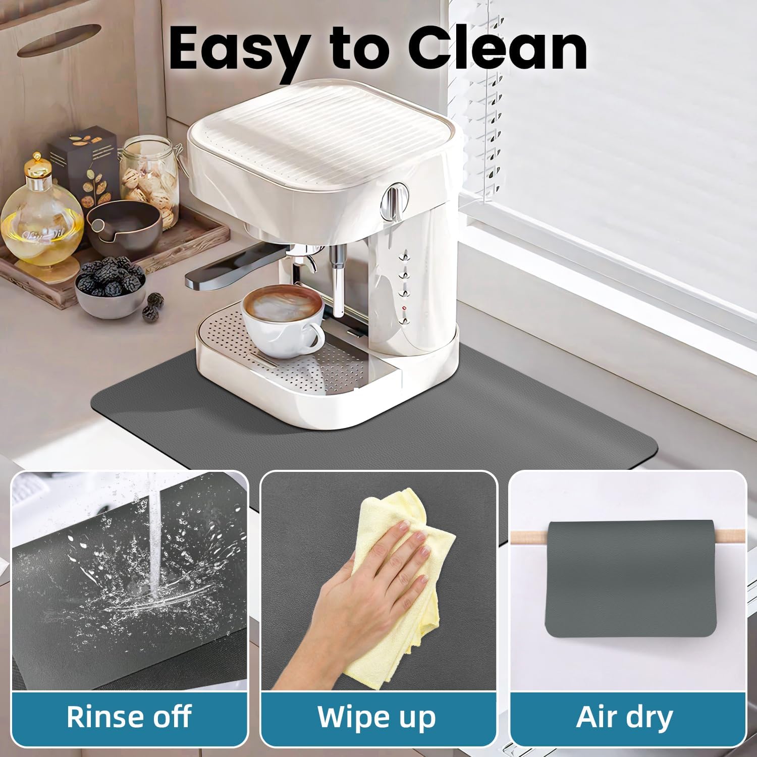 PoYang 17"x12" Coffee Mat Small, Coffee Bar Accessories for Countertop, Absorbent Dish Drying Mat, Anti-Slip and Hide Stain Pad for Espresso Machine, Espresso Maker and Kitchen Counter, Gray