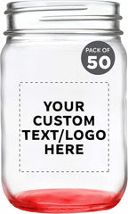 DISCOUNT PROMOS Custom Decorating Mason Jars 12 oz. Set of 50, Personalized Bulk Pack - Glass Jars for Overnight Oats, Candies, Fruits, Pickles, Spices, Beverages - Red