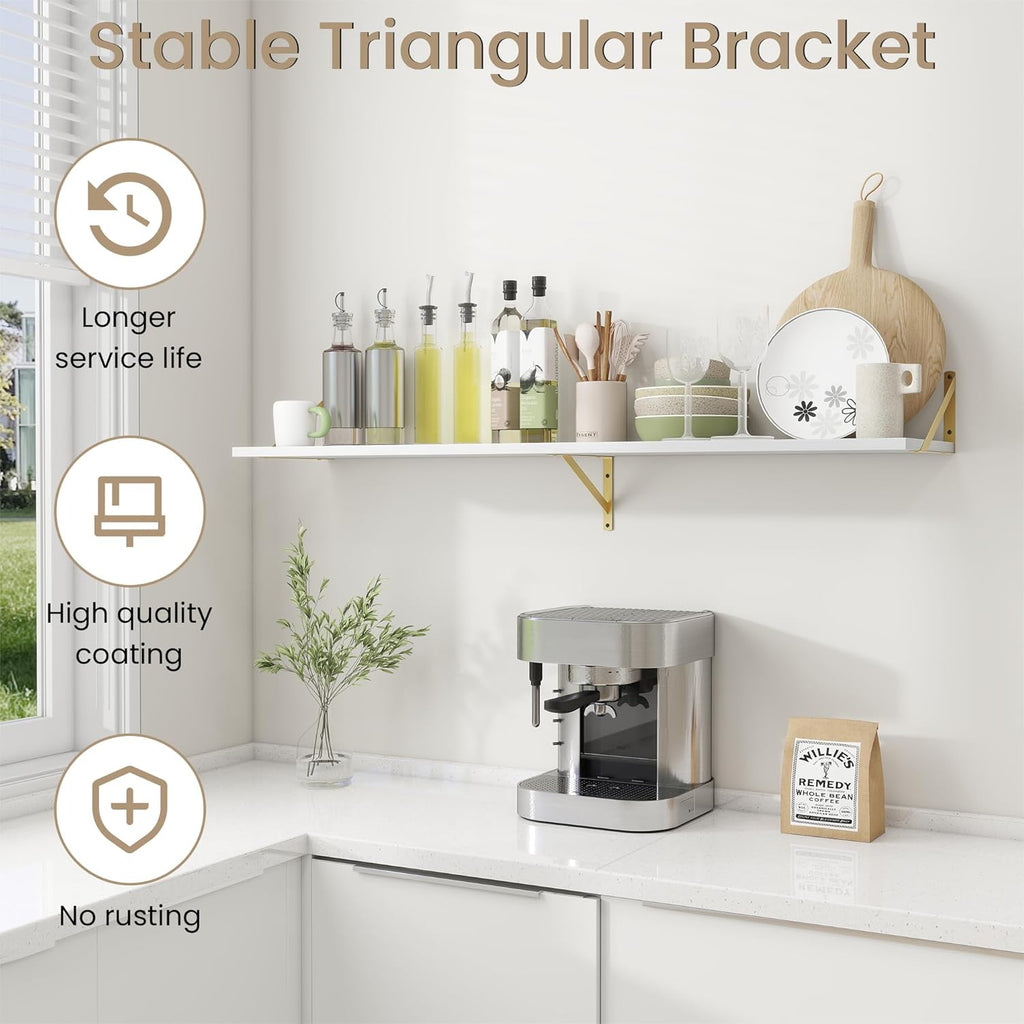 Floating Shelves for Wall, 12 Inch Deep Floating Shelves Set of 2, 55W x 12D Large Wall Shelf with Sturdy Metal Brackets for Living Room, Bathroom, Bedroom and Kitchen, White with Gold Bracket