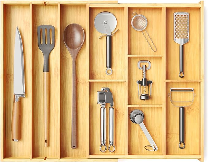 SpaceAid Bamboo Utensil Drawer Organizer with Labels, Kitchen Silverware Expandable Tray Holder Organizer for Flatware, Cutlery, Spoon and Knives Drawer Storage Organization (Natural)
