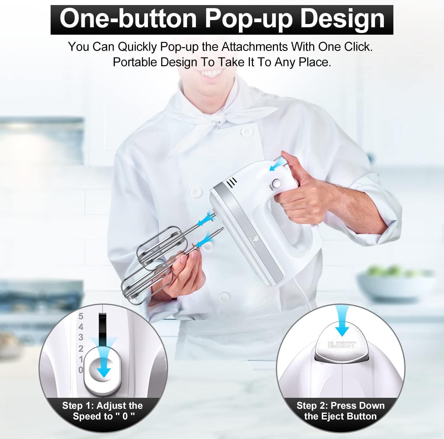 Hand Mixer Electric, 400W Food Mixer 5 Speeds Handheld Blender, 5 Stainless Steel Accessories, Storage Box, Kitchen Blender with Cord for Cream, Cookies, Dishwasher Safe, White