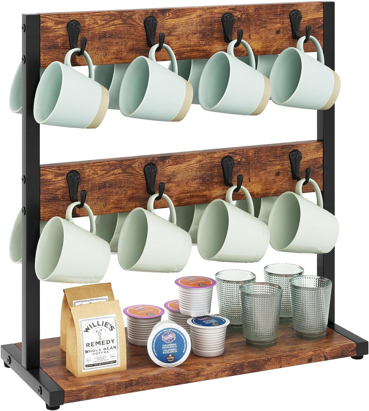 IBUYKE Wood Coffee Mug Holder for Countertop,16 Hook Mug Tree Holder Rack with Storage Base,Mug Display Organizer,Mug Holders for Home Kitchen, Rustic Brown UTBJ001H