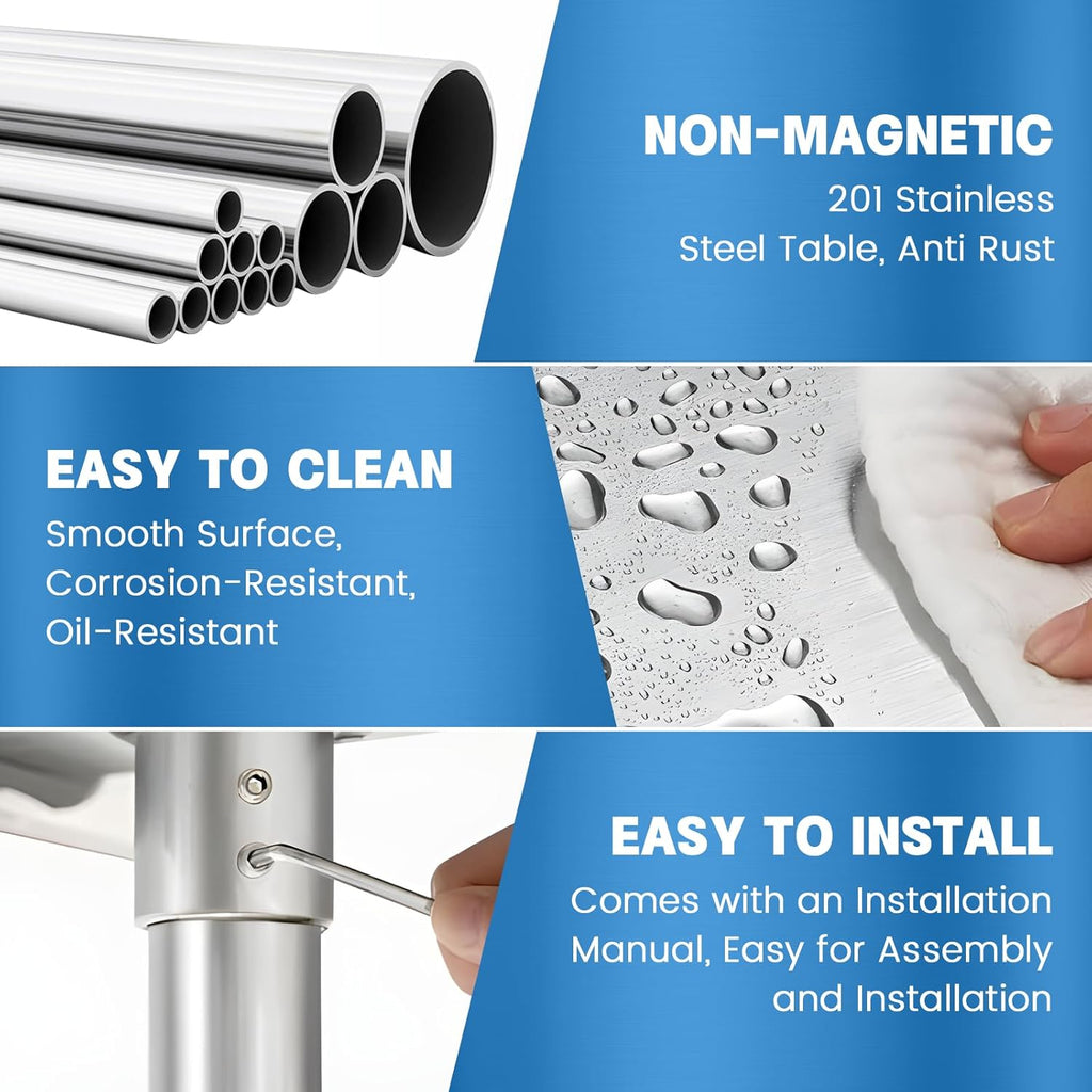 Stainless Steel Table for Prep & Work with Undershelf 24 x 24 Inches NSF Metal Commercial Kitchen Prep Table with Adjustable Under Shelf Worktable for Restaurant Home Outdoor