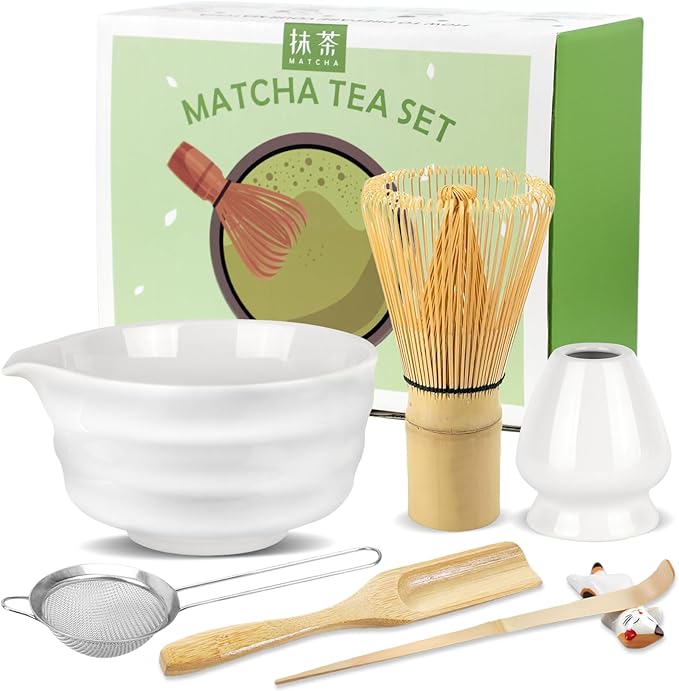 7 Pcs Matcha Whisk Set with Ceramic Bowl, Bamboo Scoop, Whisk, Holder, Sifter, Spoon and Scoop Holder, Tea Kit for Matcha Lover (White)