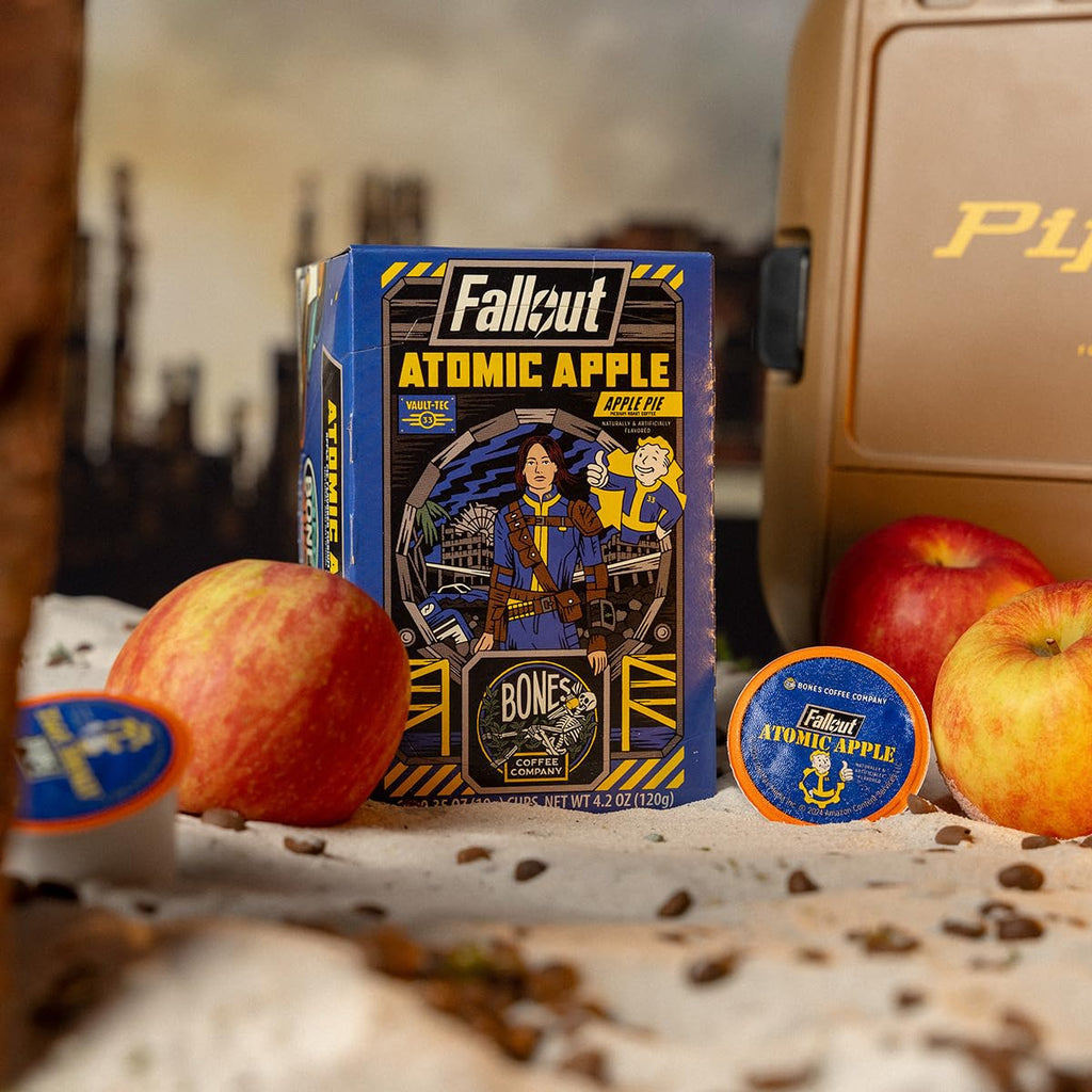 Bones Coffee Company Fallout Atomic Apple, Apple Pie Flavored Coffee Pods, Low Acid Medium Roast Single-Serve Bones Cups, Compatible with 1.0 & 2.0 Capsule Brewers Coffee Maker, 12 Count