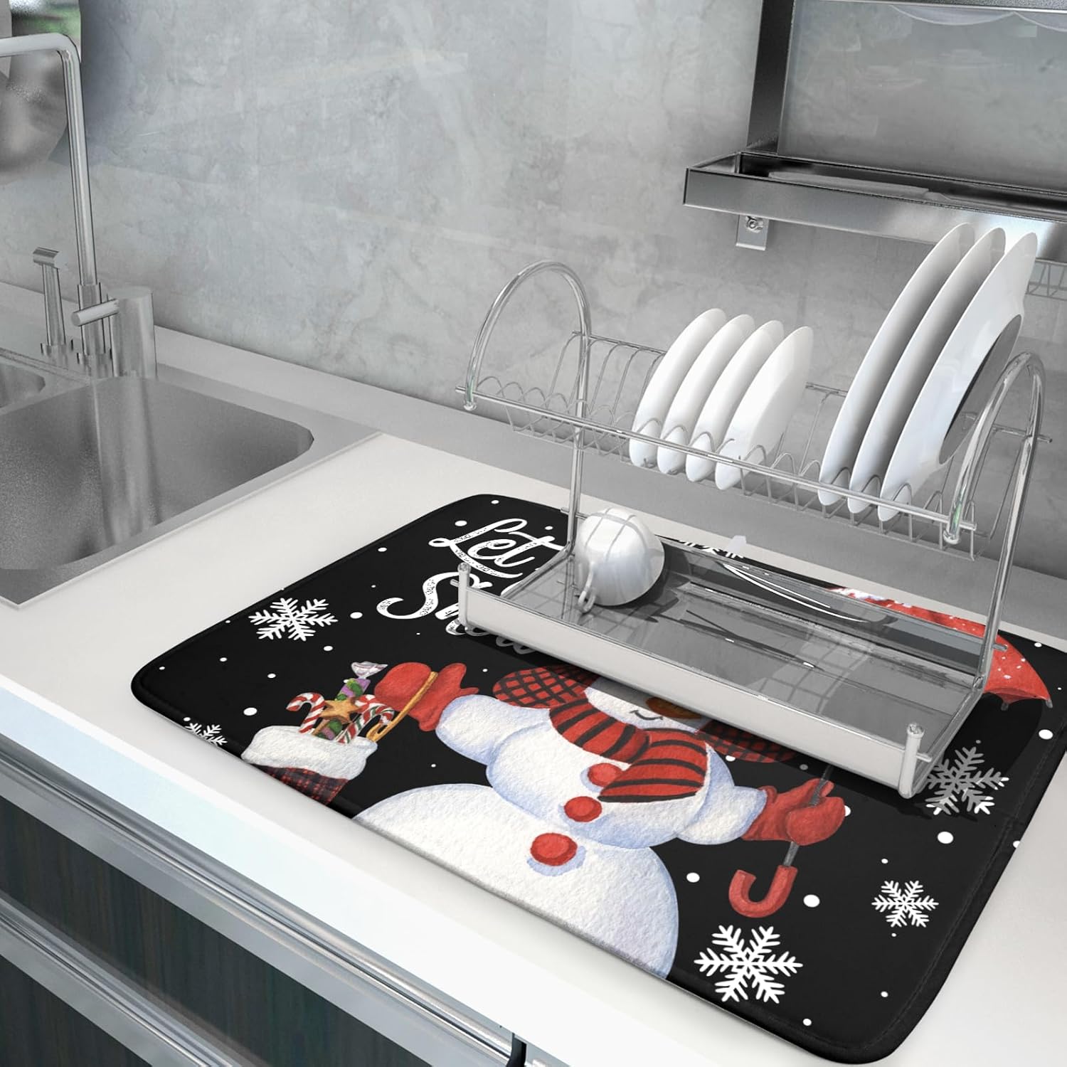 Black Snowman Dish Drying Mats for Kitchen Counter, Winter Snowflake Dish Mat Absorbent Reversible Microfiber Dish Drying Pad Christmas Kitchen Drying Mat Dish Drainer Rack Mats for Bar 18”x24”