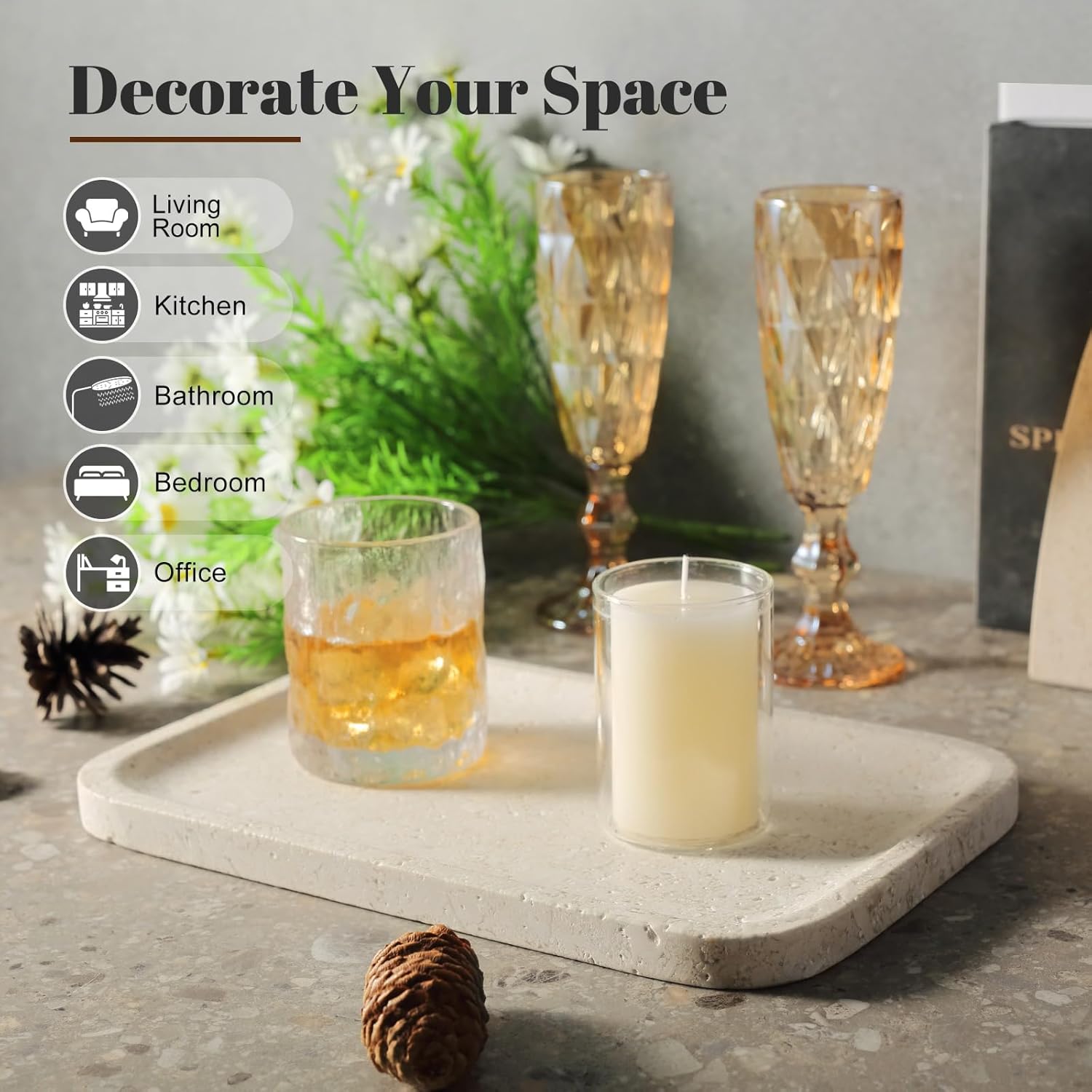 Koville Marble Tray, 12"x8" Marble Vanity Tray for Bathroom Kitchen Countertop, Rectangular Stone Tray for Cosmetics Perfume Trinket, Decorative Catchall Trays (12"x8"-Brown)