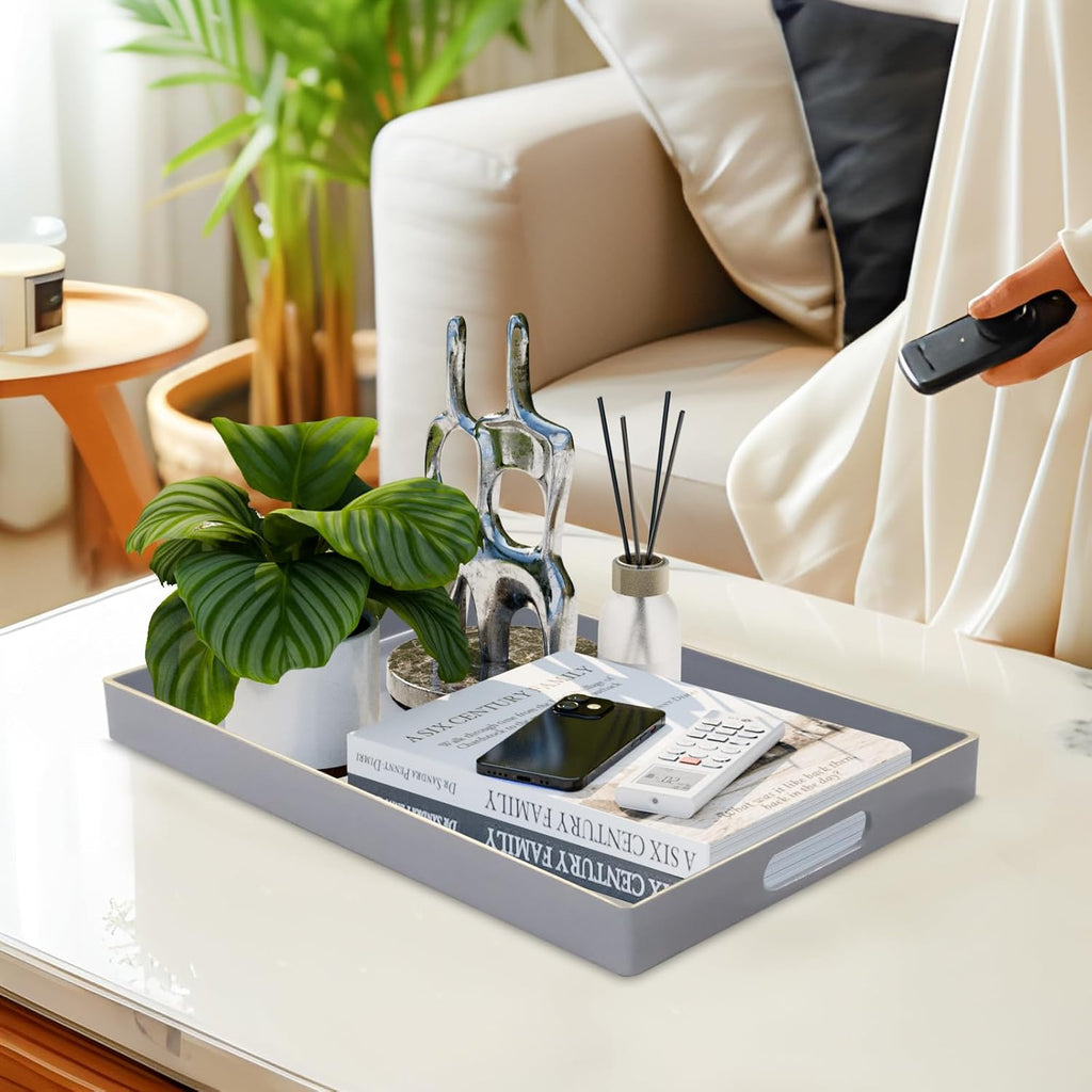 MAONAME Gray Serving Tray with Handles, Modern Grey Decorative Tray for Coffee Table, Plastic Rectangular Gray Trays for Ottoman, Bathroom, Decor, 15.8” x 10.2” x1.4