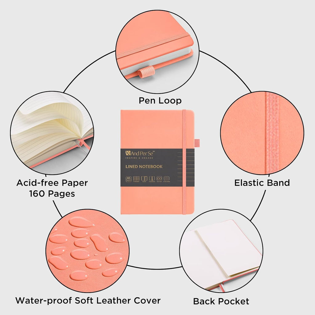 &And Per Se Lined Journal Notebook, 160 Pages, A5 5.7 x 8 inches College Ruled Thick Paper Notebook Journals for Writing, Hardcover Notebooks for Women Men Office School (1 Pack, Peach)
