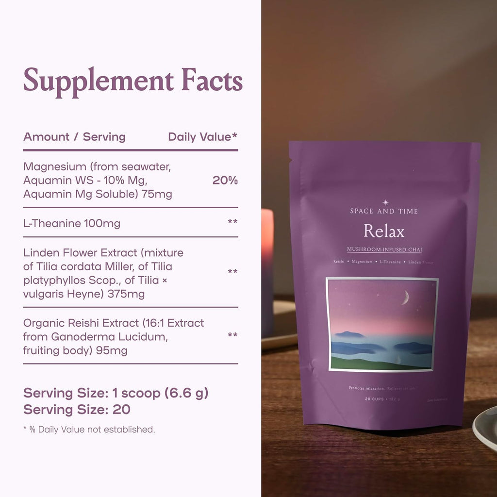 SPACE AND TIME Relax - Mushroom Chai Tea - 20 Cups of Calm & Relaxation - Mushroom Tea with Reishi, Magnesium & L-Theanine