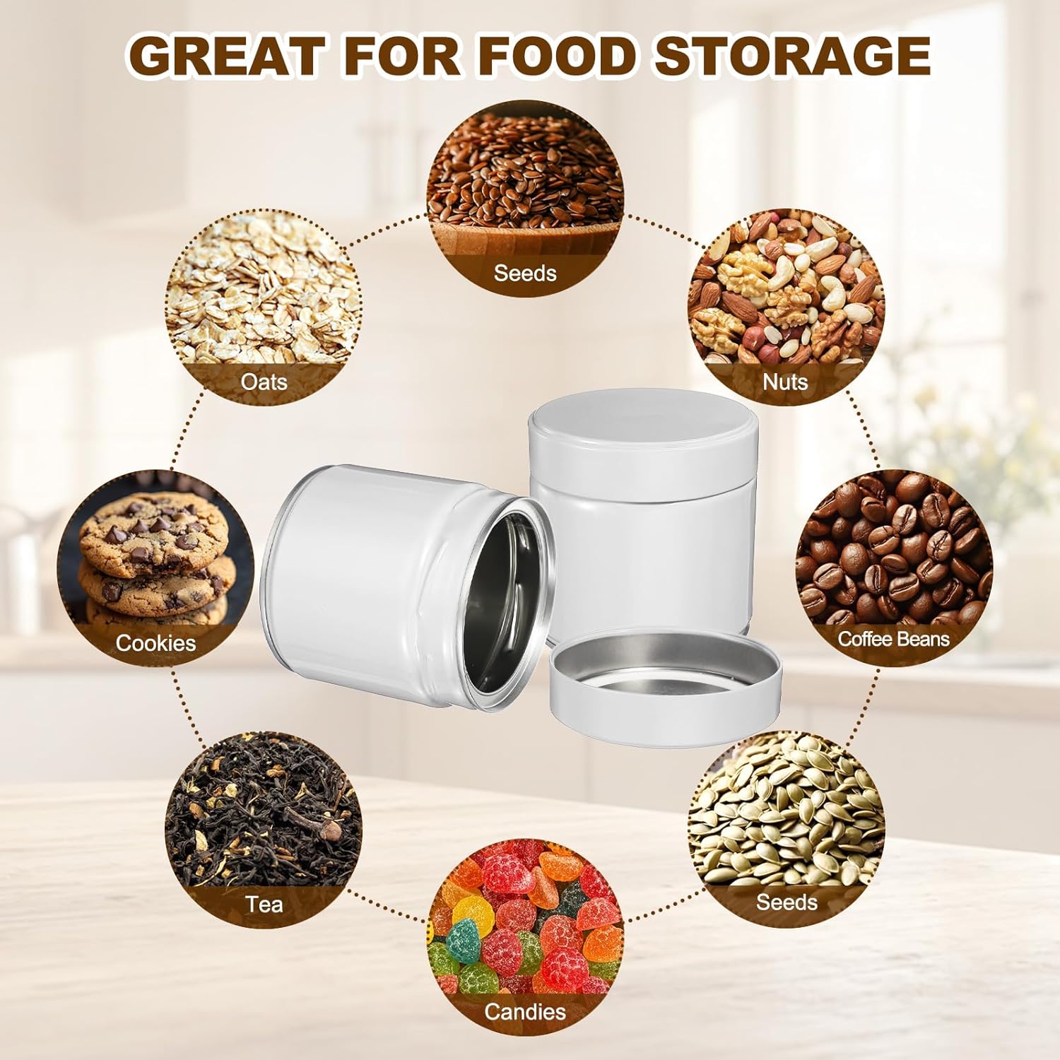 uxcell 2Pcs Round Tea Canisters, 4" x 4" Airtight Metal Tea Containers for Loose Tea, Coffee Beans, Spices - Durable, Compact, and Stylish Storage Tea Tin (White)