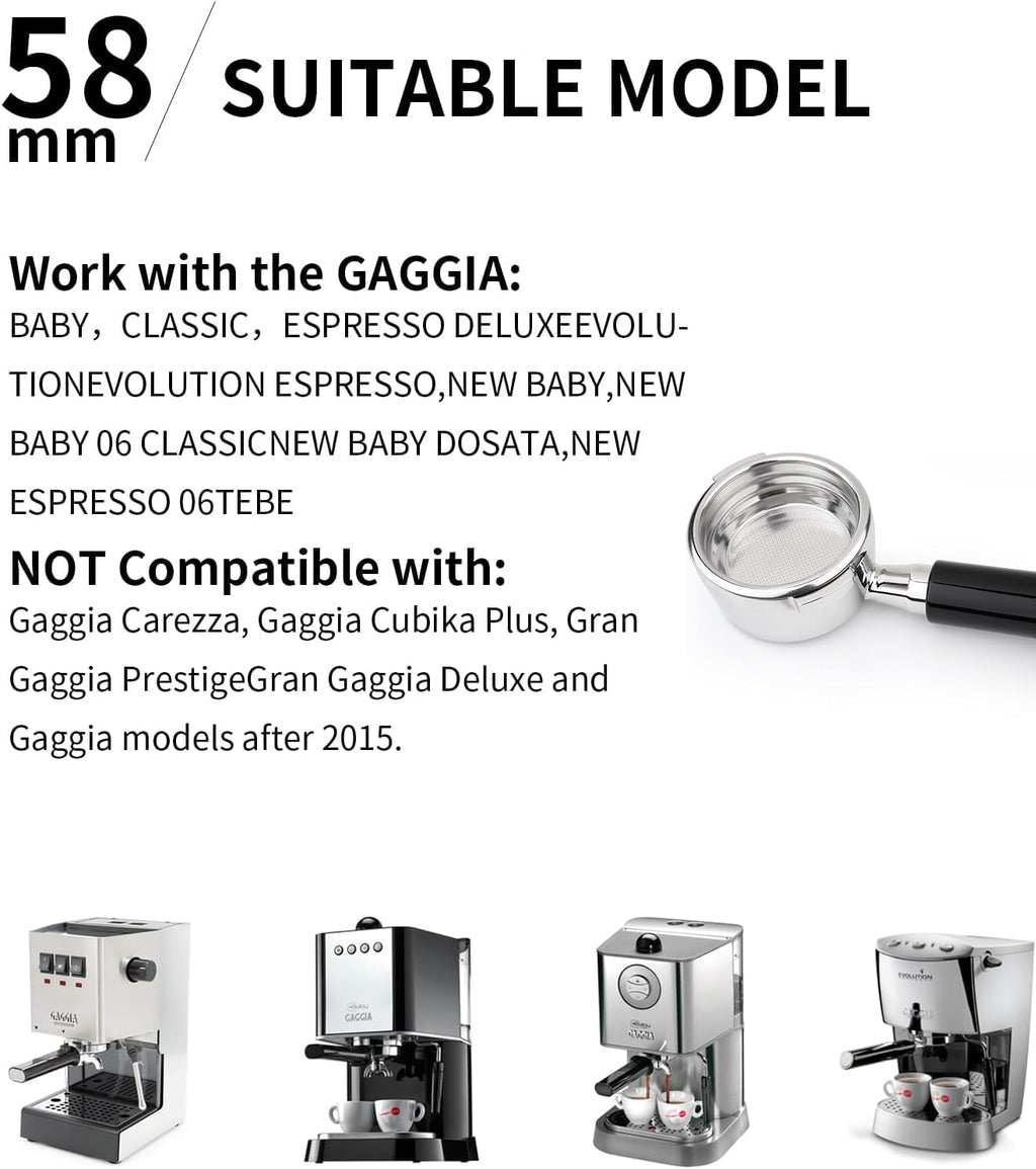58mm Bottomless Portafilter, Professional Stainless Steel Portafilter 2 Ears for 58 Gaggia Machines Stainless Steel Basket Included Espresso Machine Accessories