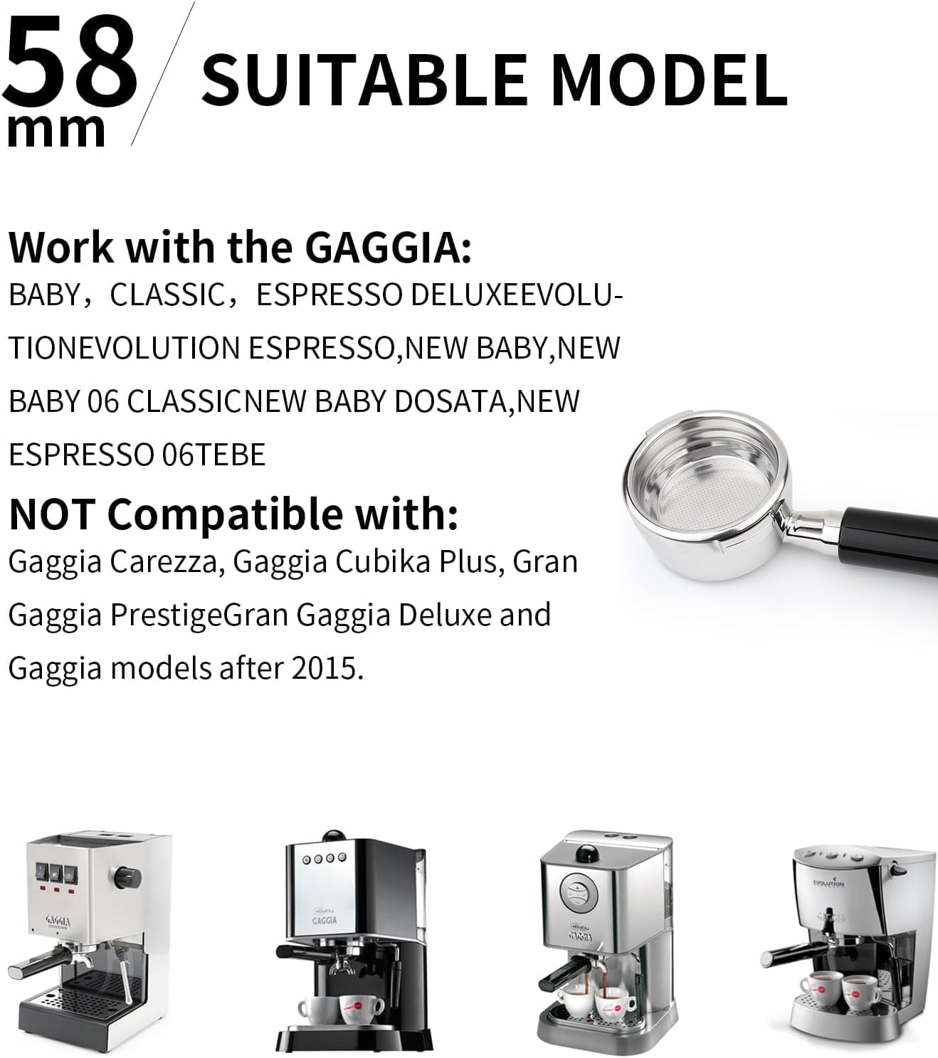 58mm Bottomless Portafilter, Professional Stainless Steel Portafilter 2 Ears for 58 Gaggia Machines Stainless Steel Basket Included Espresso Machine Accessories