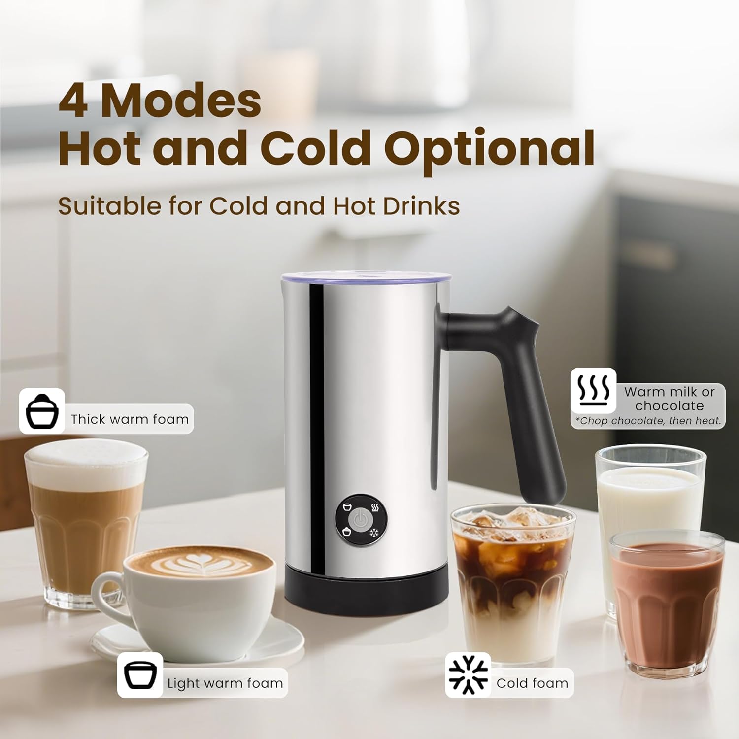 Milk Frother, 4-in-1 Milk Frother and Steamer, 10.6oz Electric Milk Steamer, Automatic Cold and Hot Foam maker for Lattes, Cappuccinos, Non-stick Coating Interior (Polished)