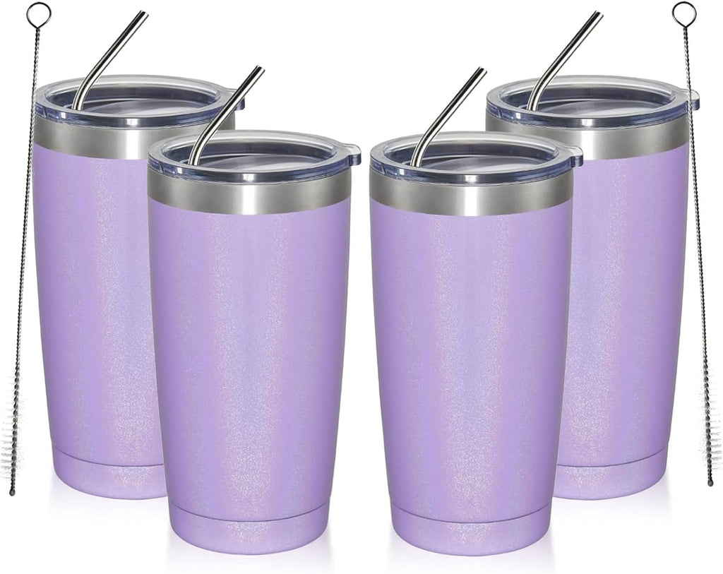MEWAY 20oz Tumbler 4 Pack Double Wall Vacuum Insulated Travel Glitter Mug Bulk, Stainless Steel Tumblers with Lid and Straw, Powder Coated Coffee Cups for Woman(Rainbow Purple,Set of 4)