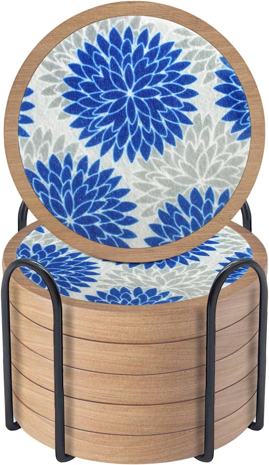 Wood Coasters Set of 6 with Holder, Cewiru Cup Mat for Drinks, Absorbent Coasters with Felt Insert for Coffee Table Protection, Modern Style Home Dining Table Decor, 4.3" Blue