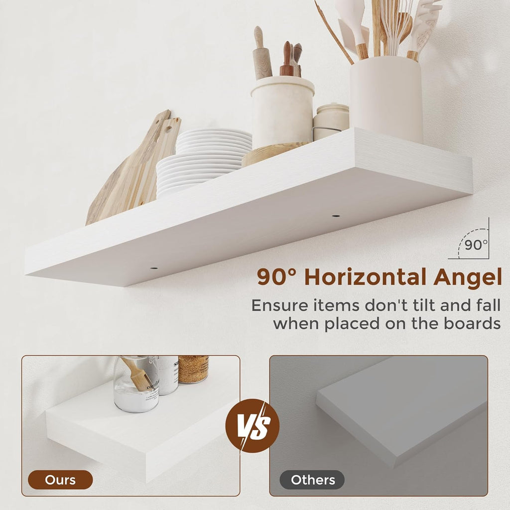 Heimlove 36 Inch Floating Shelves for Wall 8 Inch Deep White Shelves Set of 2,Wall Mounted Rustic Wood Long Floating Shelf with Invisible Brackets for Bedroom Kitchen Living Room