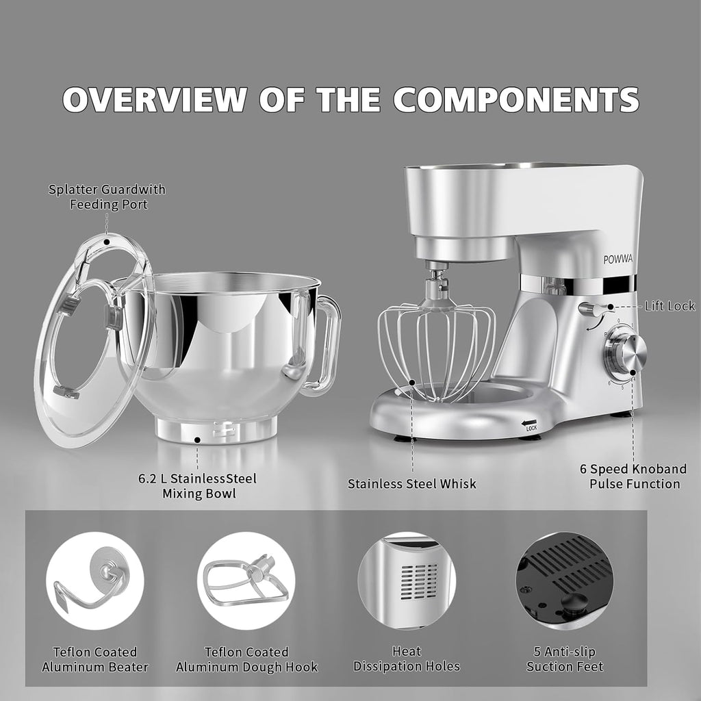 Stand Mixer, POWWA 7.5 Quart Electric Mixer, 6+1 Speed 660W Tilt-Head Kitchen Food Mixers with Whisk, Dough Hook, Mixing Beater & Splash Guard for Baking, Cake, Cookie (Silver-with Handle)