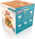 Teabloom Stovetop Safe Glass Teapot with Bamboo Lid (40oz/1200ml) + Loose Leaf Tea Filter Spout + 2 Blooming Teas + Large Bamboo Trivet - Natural Flowering Tea Gift Set