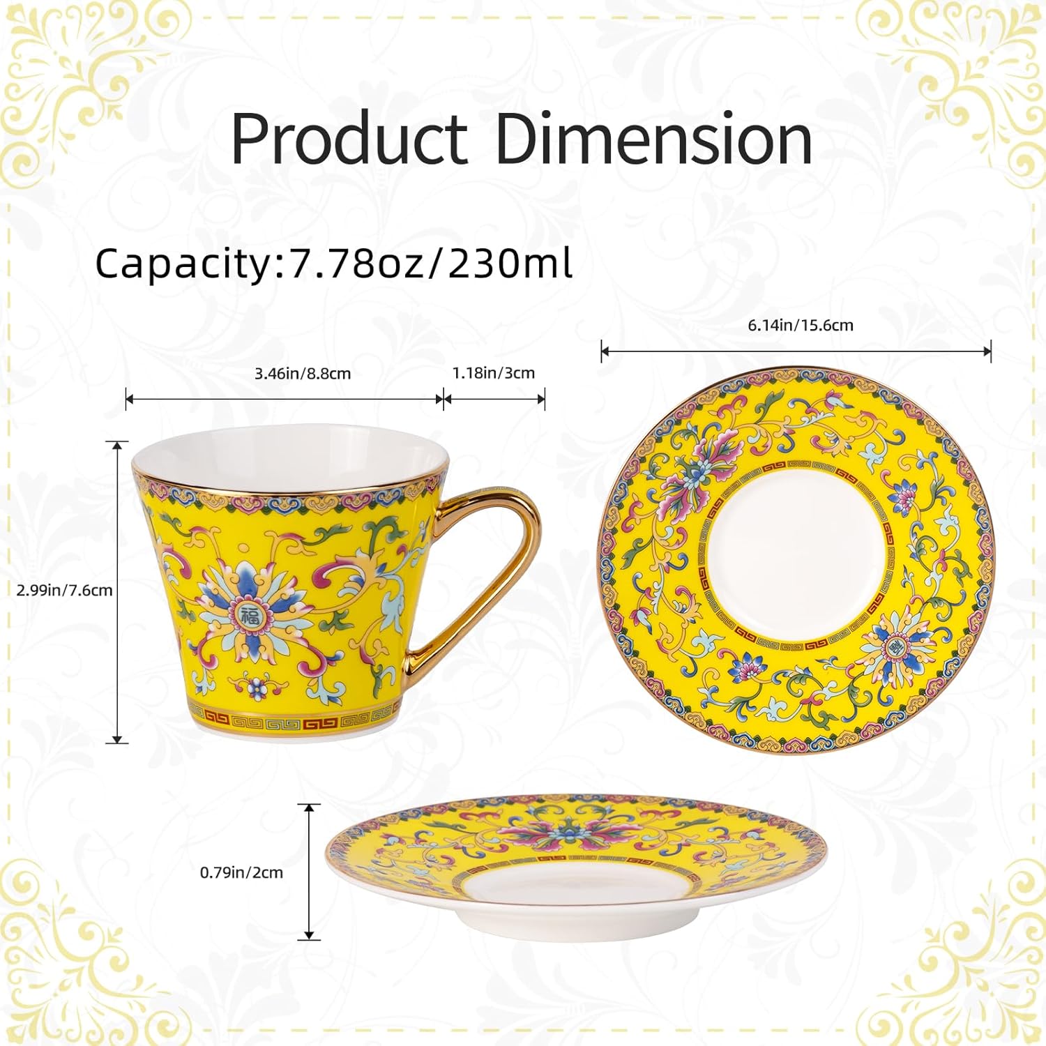 KAMMAK Tea Cups and Saucers Set of 2, Porcelain Coffee Cups with Saucer for Espresso, Cappuccino, 9oz Vintage Noble Yellow Ceramic Demitasse Mug for Home, Tea Party, Office