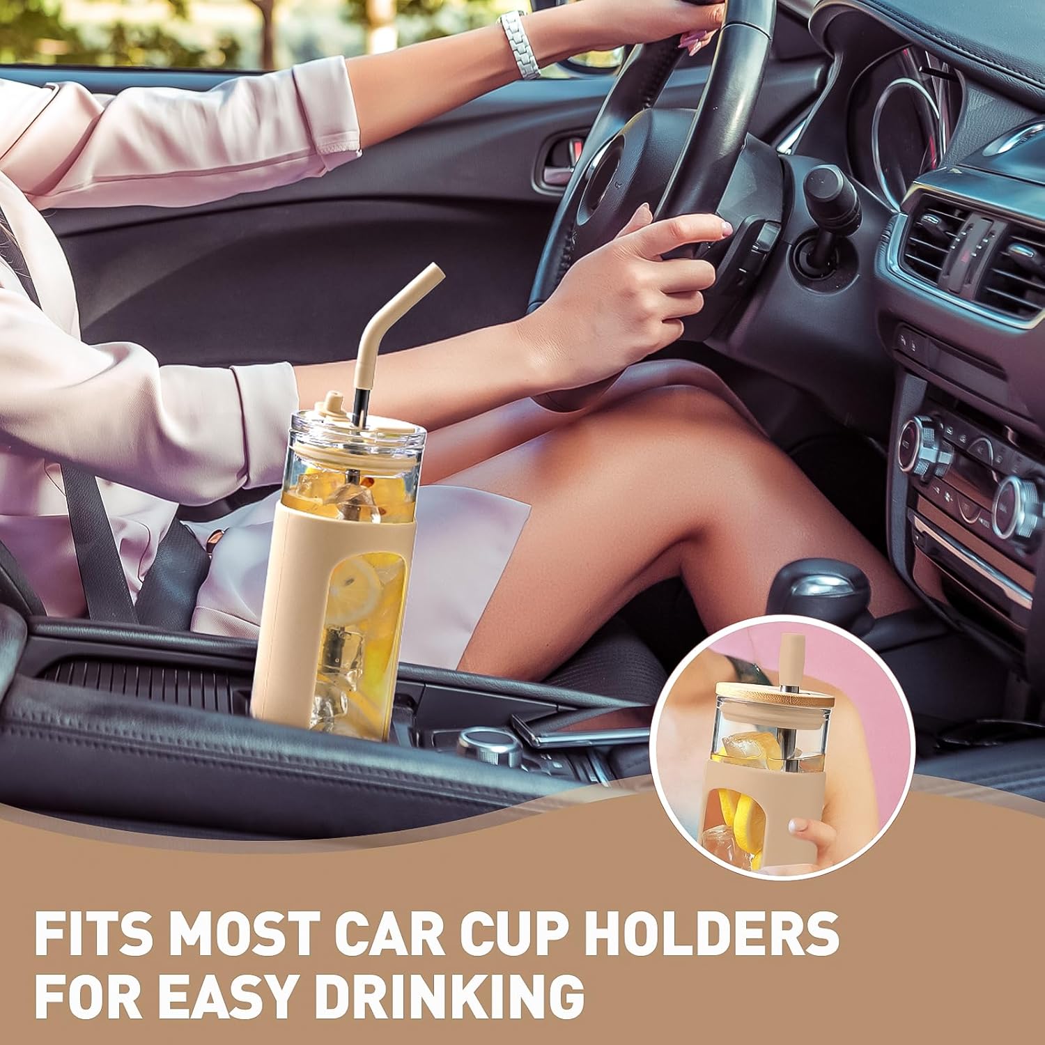 Kodrine 24oz Glass Tumbler with 2 Lids and Straws, Glass Cup With Bamboo Lid and On-the-go Lid, Reusable Iced Coffee Cup, Ideal for Smoothie, Cold Drinks, Fit Cup Holder, BPA Free(1, Amber)