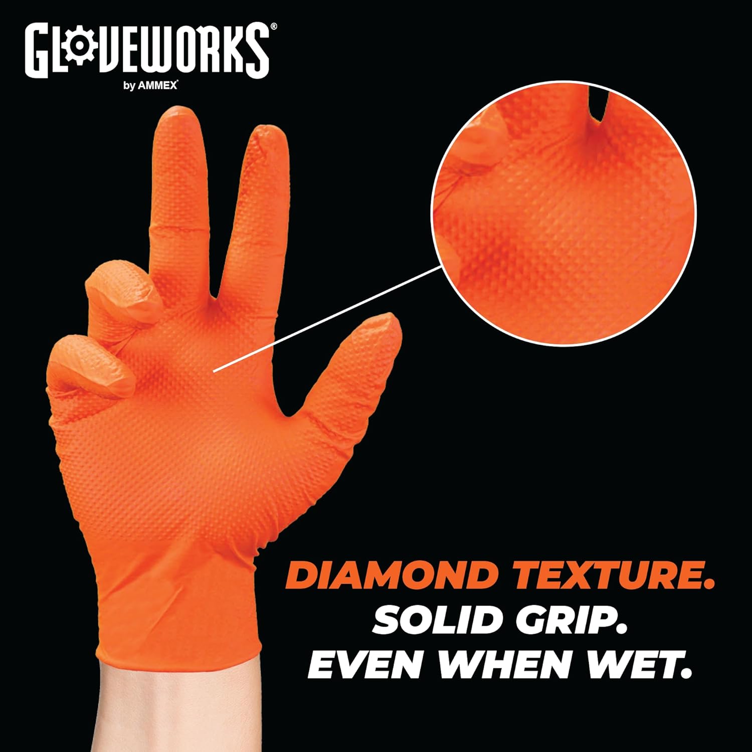 GLOVEWORKS Heavy-Duty Nitrile Gloves, Disposable, Latex Free, 8 Mil, Orange, Diamond Grip Glove