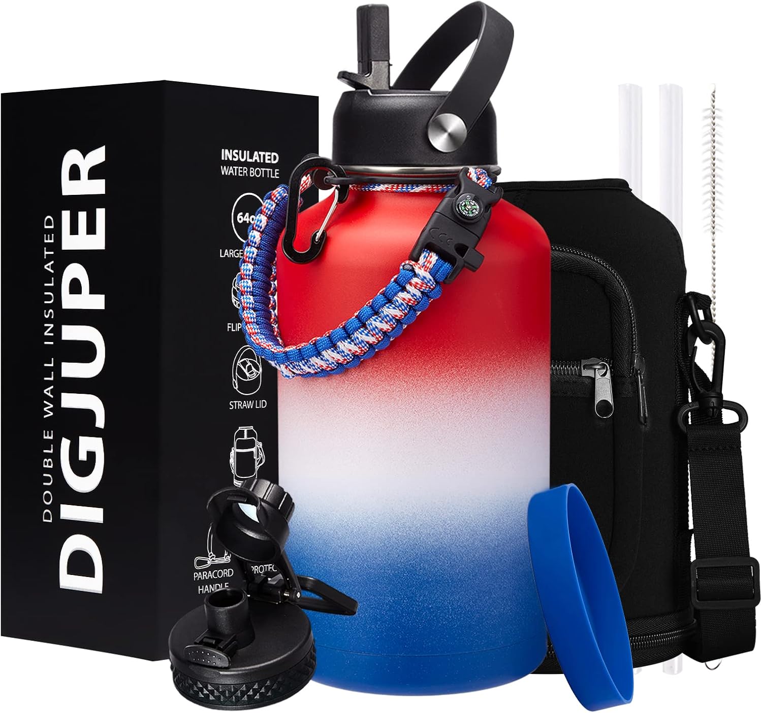 Half-Gallon Vacuum Water-Bottle with Sleeve, Paracord Handle, Straw & Spout Lid, 64oz Stainless Steel Insulated Water Jug, Cold-48h & Hot-24h Triple-Wall Metal Vacuum Flasks for Sports Hiking Camping